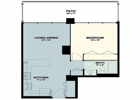 Floor plan for 1 bed, 1 bath, 629 sqft